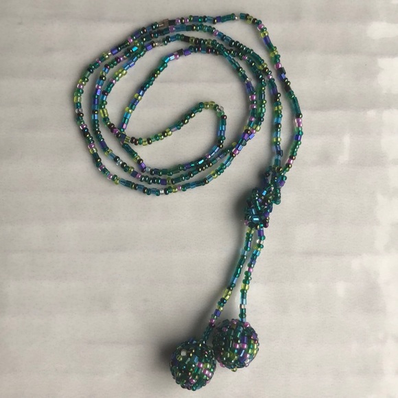 Tied Hand Beaded Green/Blue Necklace - Picture 1 of 4